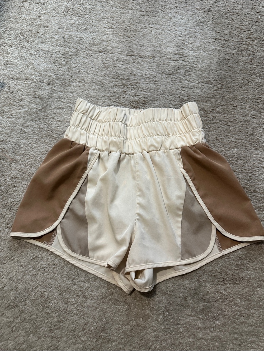 High-Rise Cream Athletic Shorts with Brown Colorblock Panels